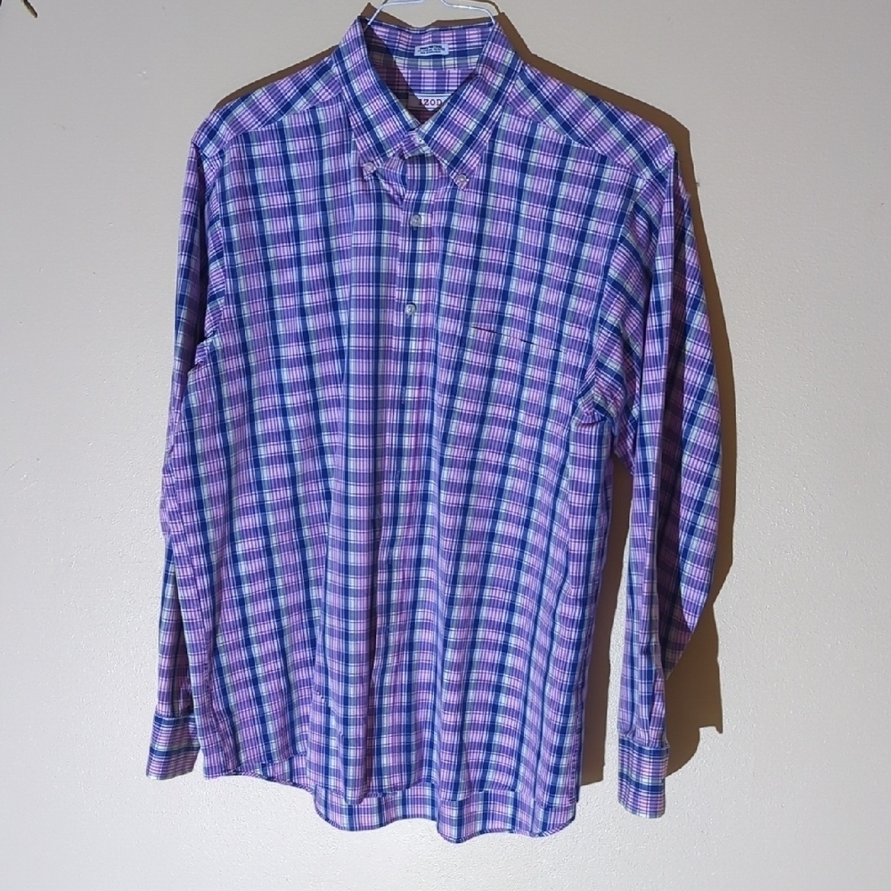 Izod Men's Purple and Blue Checkered Dress Shirt 17, 34-35 - Picture 2 of 7